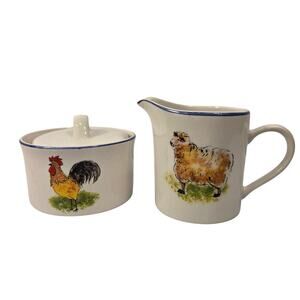 "Country Barn" Sugar & Creamer Set - Rooster Sheep Vintage Tabletops Unlimited
